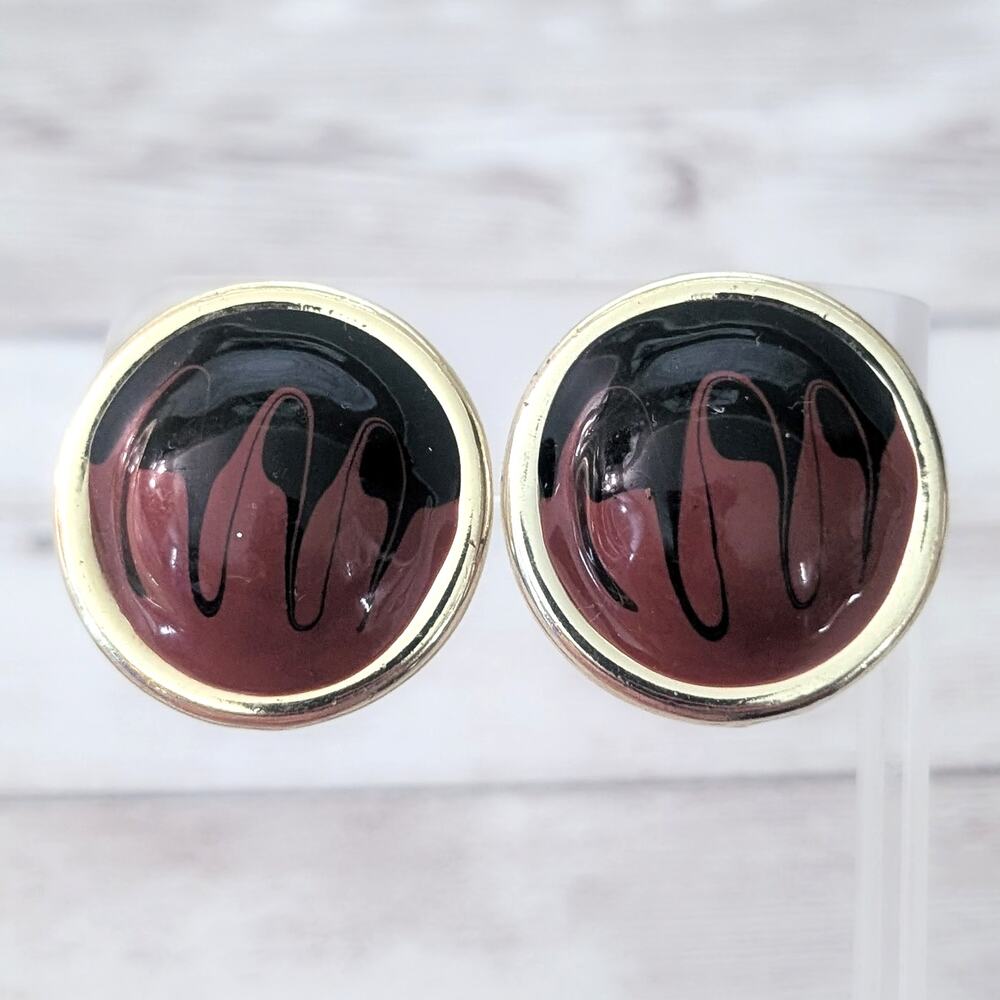 Vintage Clip On Earrings 1.25" Burgundy, Black, Gold Tone, Large Statement